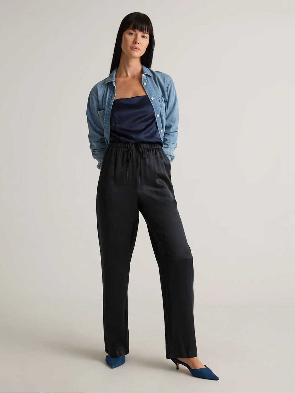 NWT Quince Washable Mulberry Silk Drawstring Wide Leg Pants In Black L